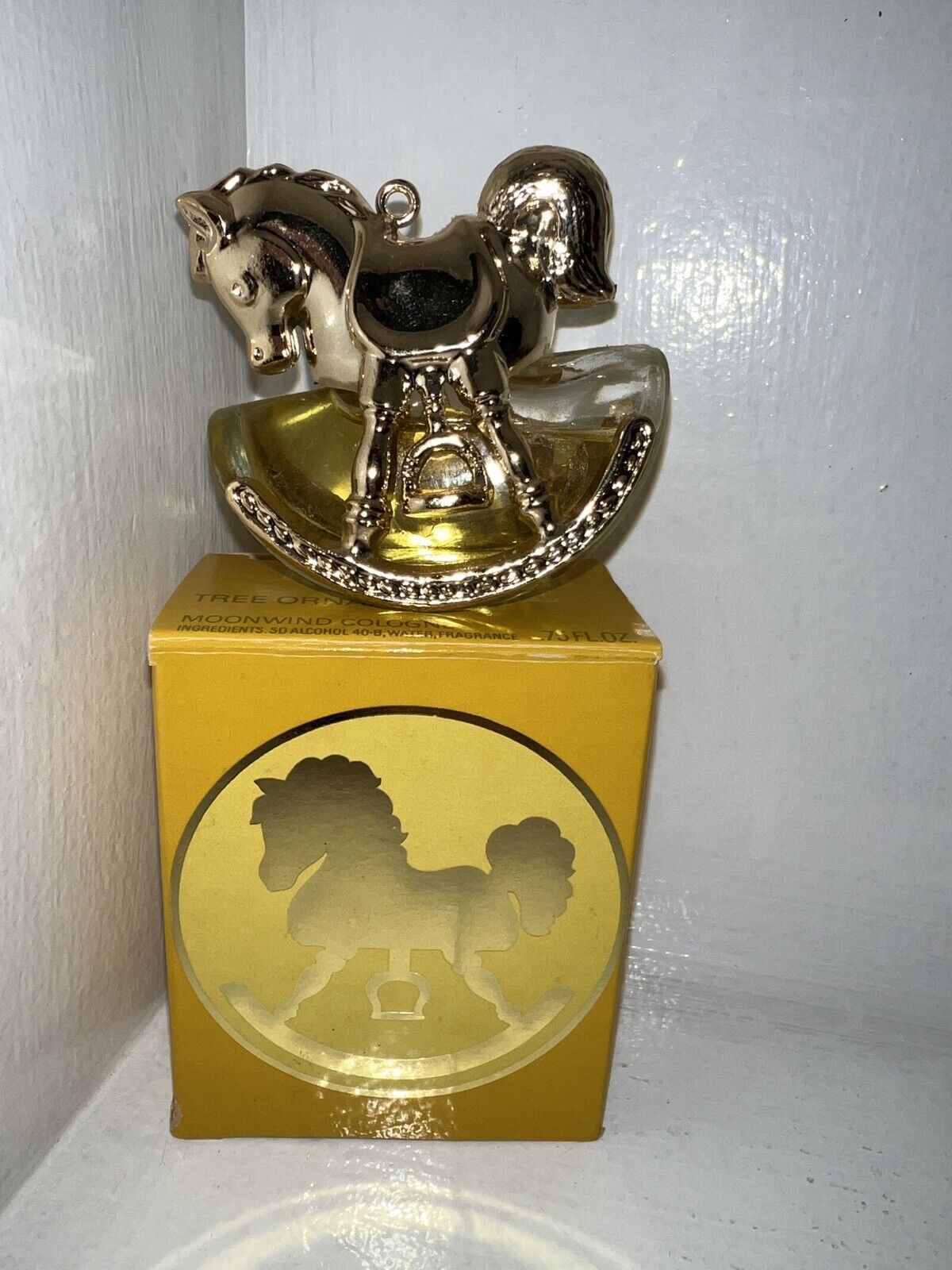 AVON ROCKING HORSE CHRISTMAS ORNAMENT MOONWIND COLOGNE With ORIG BOX FULL