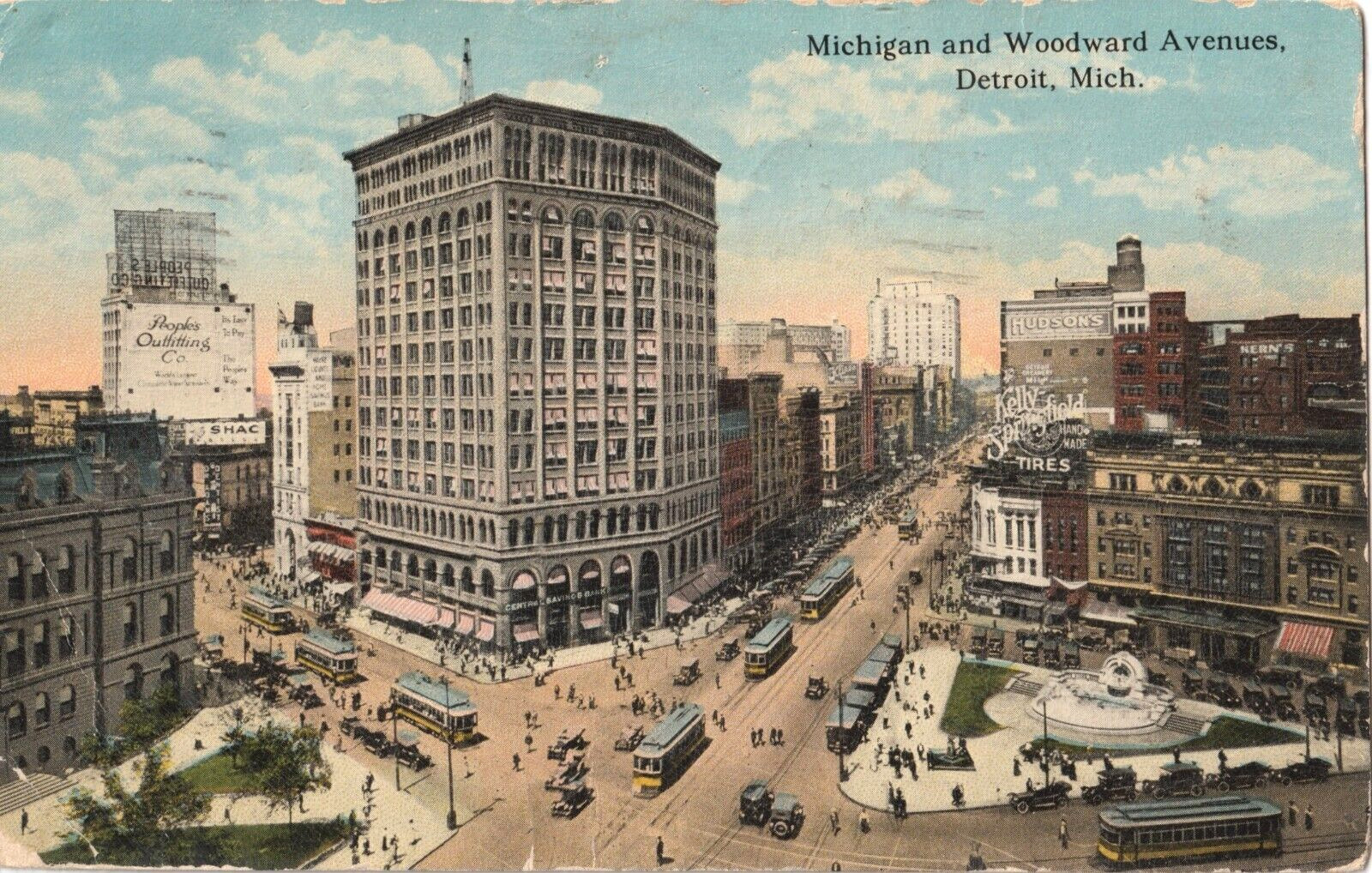 Michigan and Woodward Avenues-Detroit, Michigan MI antique 1918 posted postcard
