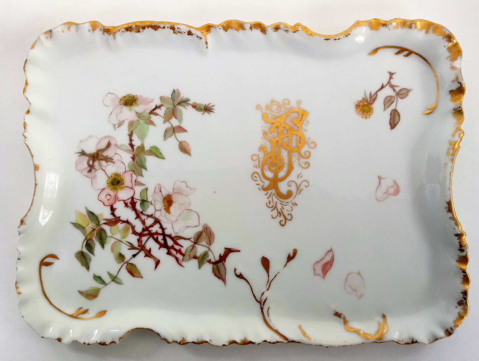 Antique Haviland Limoges Dresser Vanity Tray Gold Gilded Pink Flowers 1870\'s