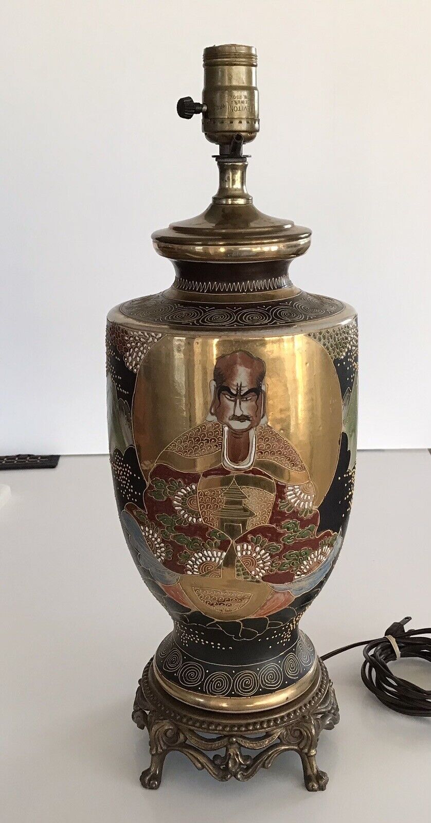 Antique Meiji Japanese Satsuma  Vase Table Lamp Hand Painted Signed 27