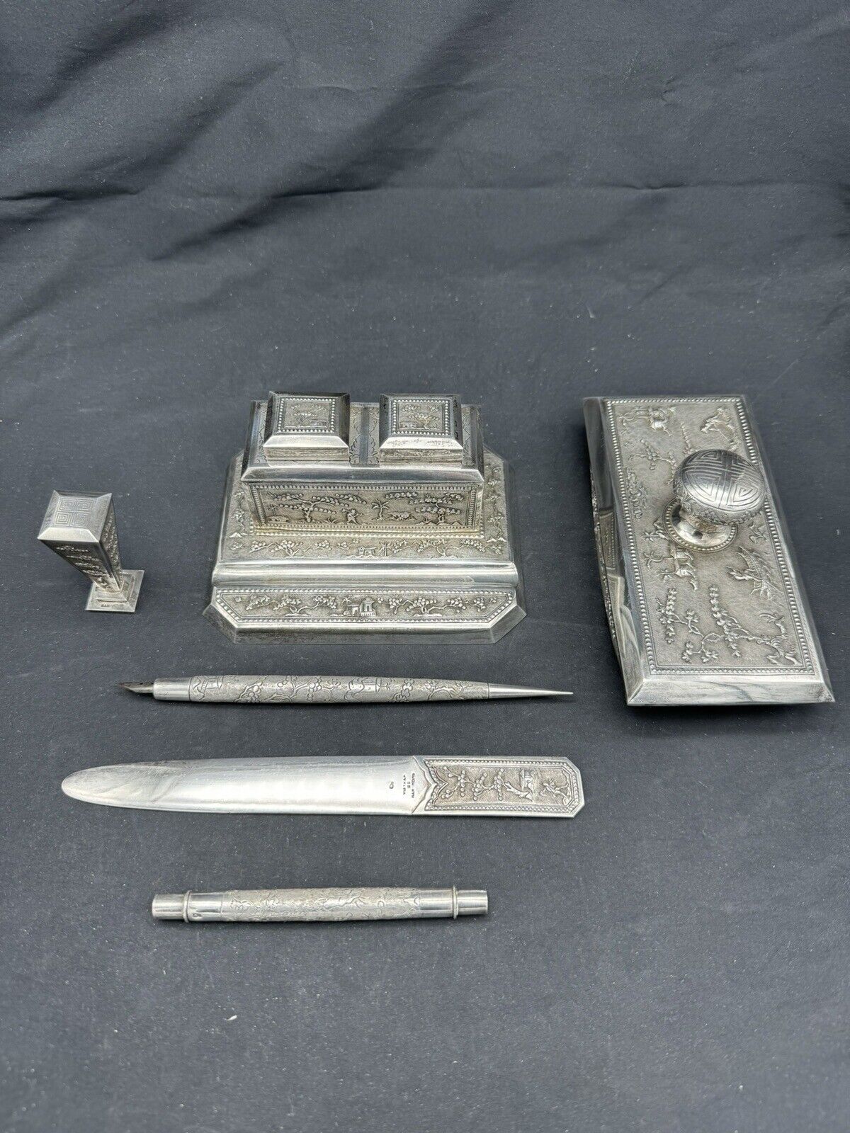 Rare 19th Cen. Vietnam Indo-China 875 Silver Handmade Inkwell Desk Set, 6 Pieces