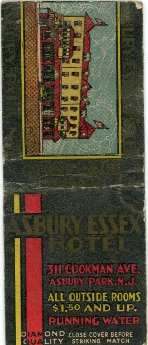 Asbury Essex Hotel, $1.50 Rooms Asbury Park New Jersey Vintage Matchbook Cover