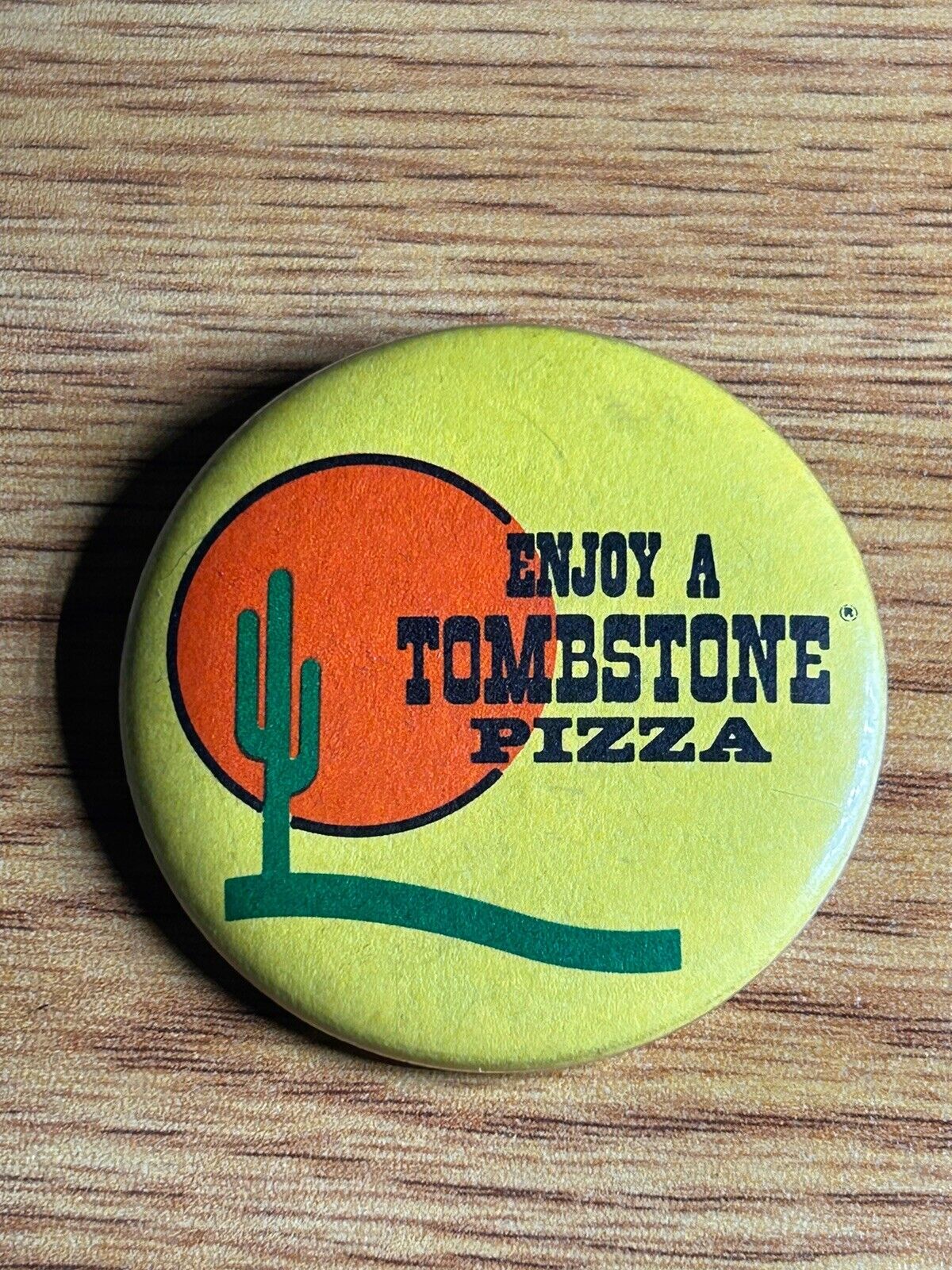 Vintage Tombstone Frozen Pizza  Advertising Button “ENJOY A TOMBSTONE PIZZA” Pin