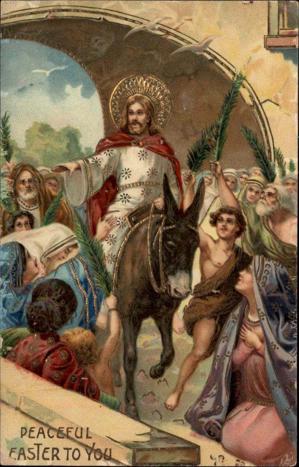 Easter Christianity Christ on Donkey Among Followers c1910 Gel Postcard