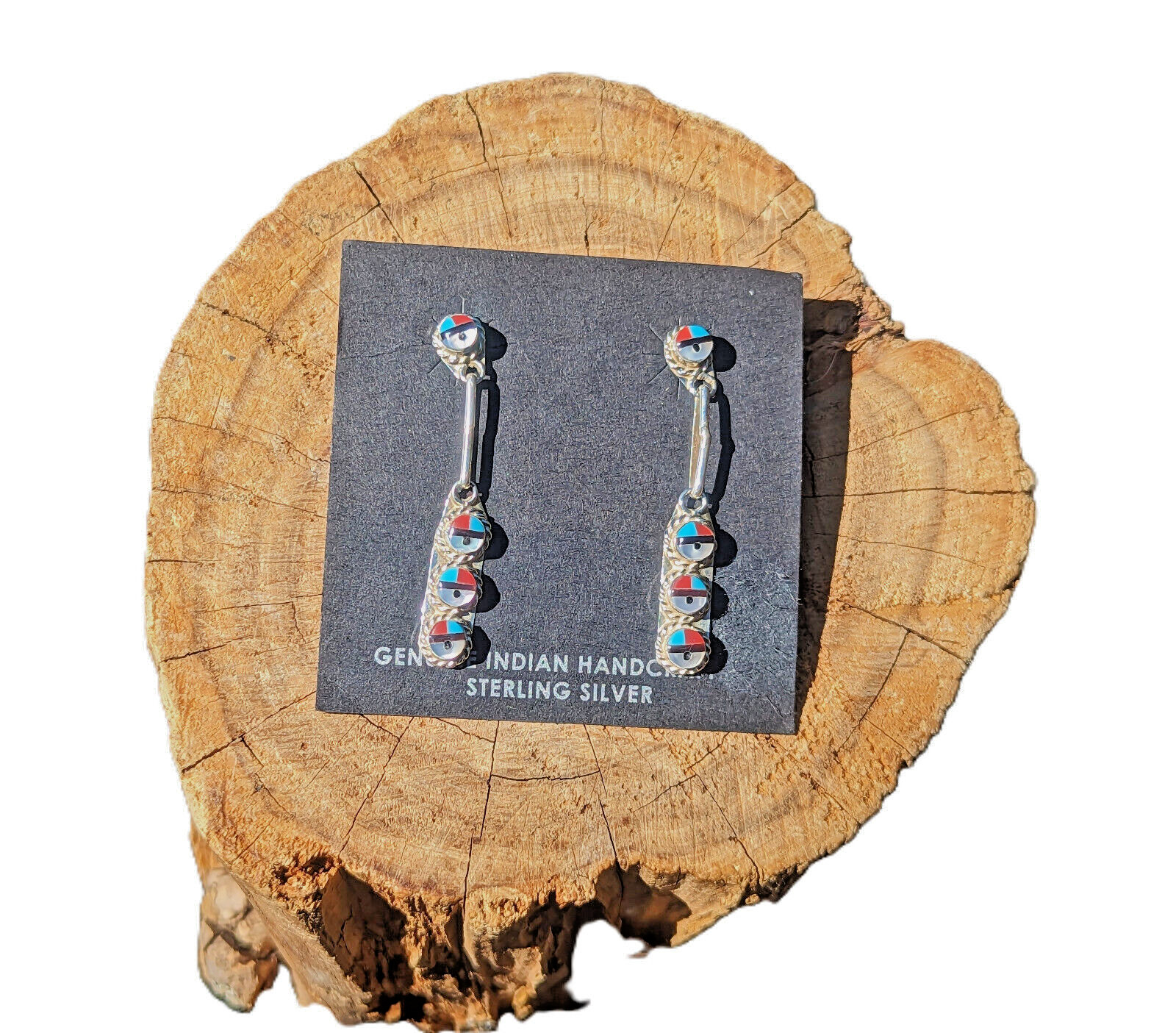 Authentic Zuni Sun Face Inlay Dangle Earrings Handmade Native American Jewelry