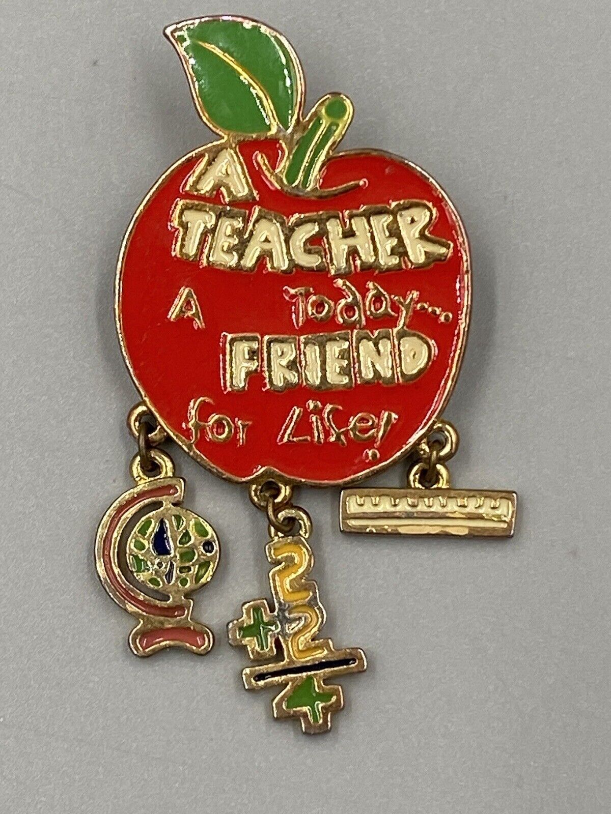 Vintage Teacher Friend For Life Gold Red Enamel Apple Lapel Pin Brooch