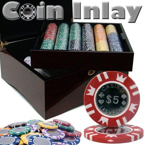 750ct. Coin Inlay 14g Poker Chip Set in Hi-Gloss Mahogany Wood Carry Case