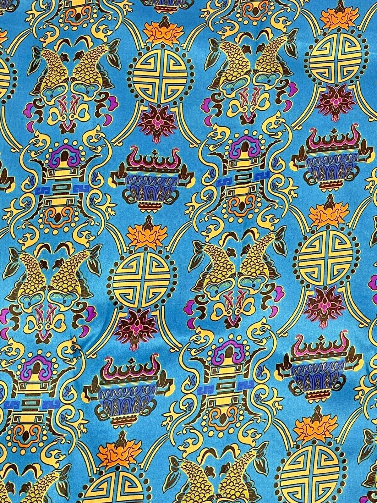 Vintage Fabric Asian Satin Blue Floral Symbols Mid Century Modern MCM 4 yds 