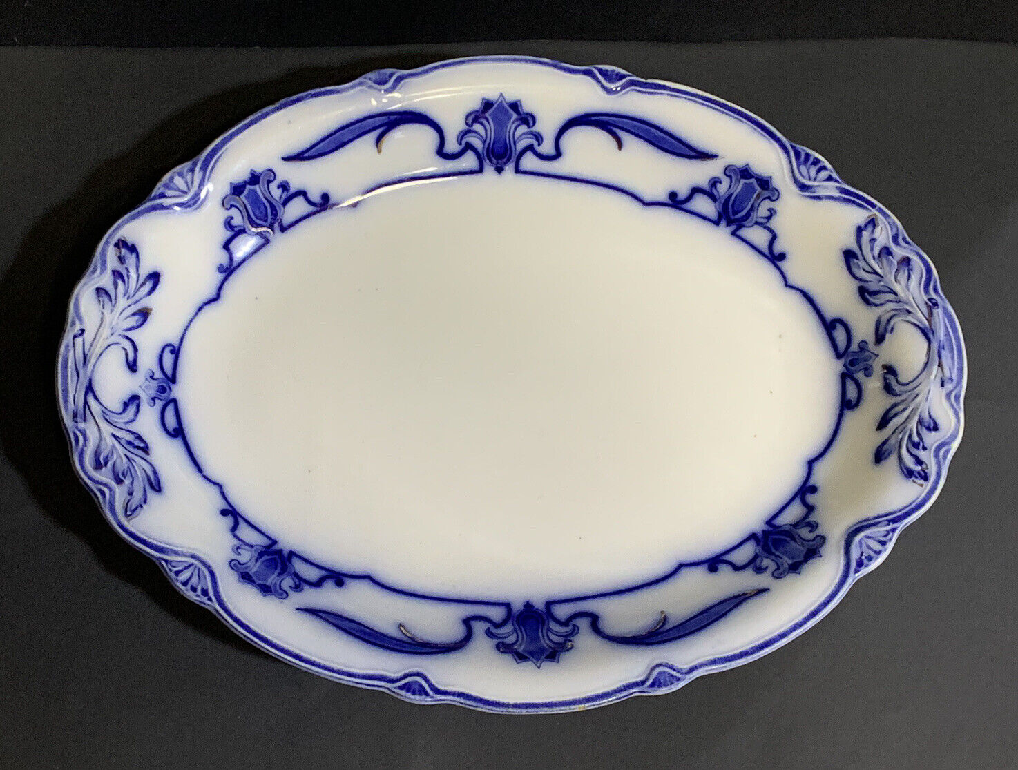 RARE 1891 GRINDLEY England 14” FLOW BLUE Gold LOTUS Oval Porcelain PLATTER Plate