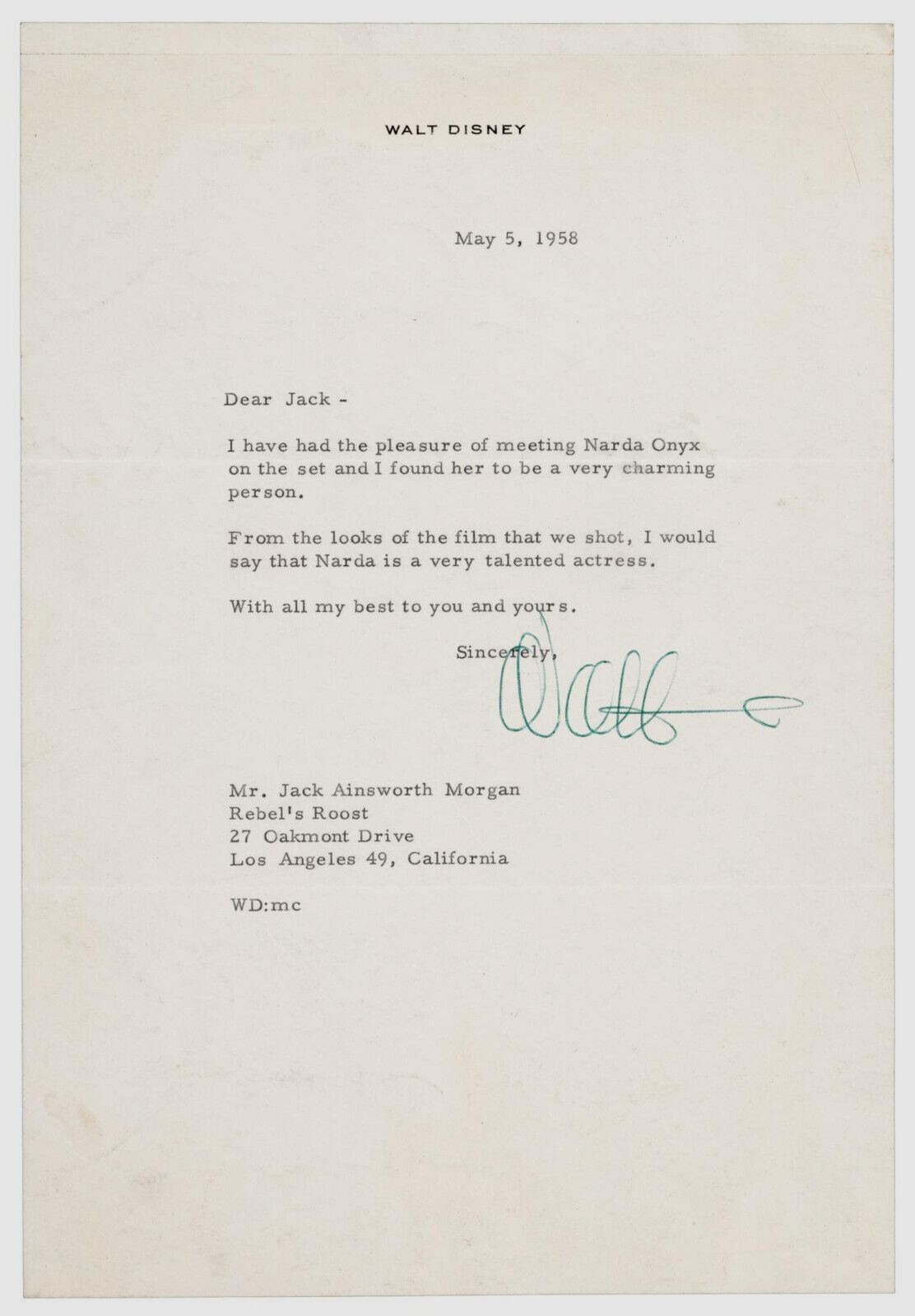 Walt Disney Autograph Signature Historically Significant Reference Letter 1958
