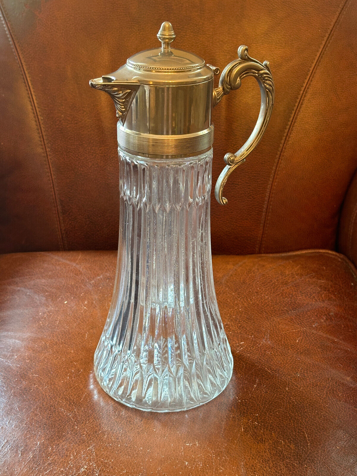 Decanter, glass and silverplate, art deco, with ice holder insert