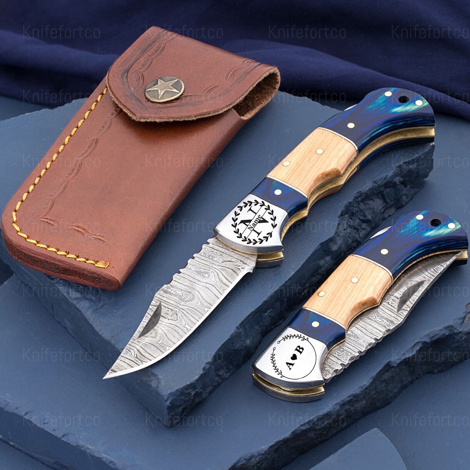 Damascus handmade back lock Folding pocket knife camping Hunting Knife Pouch