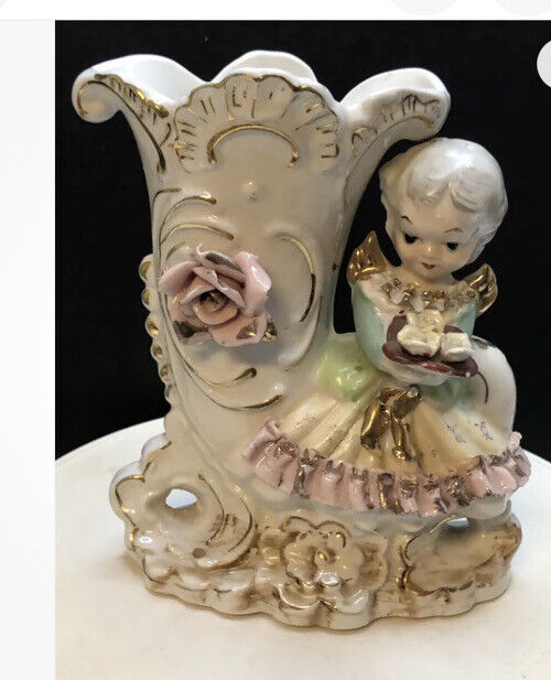 Antique Case Porcelain Cornucopia Gold Girl Roses Vase 1900c E