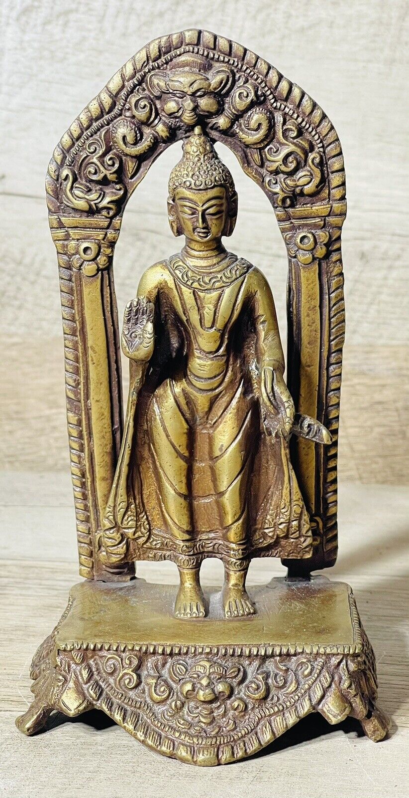 Antique Vintage Solid Brass Asian Standing Buddha Figurine 7” Tall