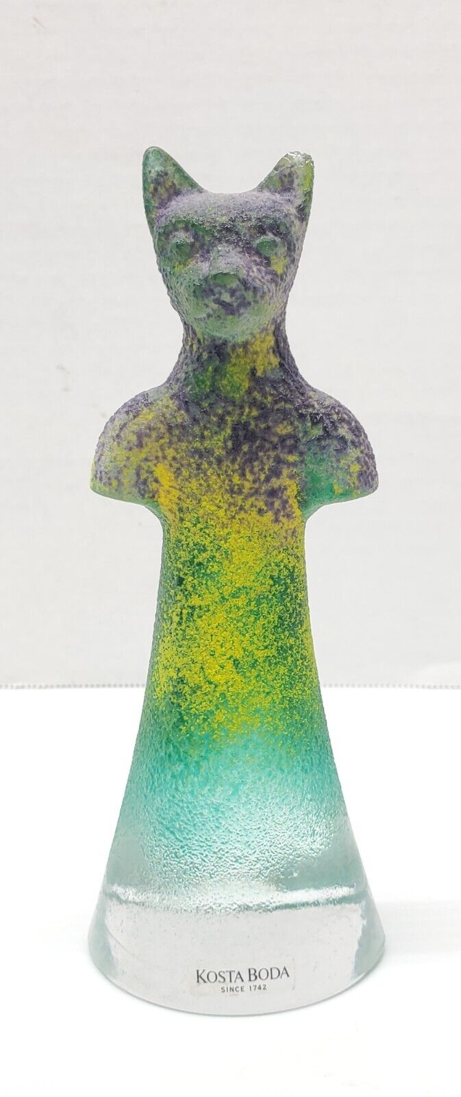 Kosta Boda Stippled Green Yellow Purple Glass Cat Sculpture Figure Kjell Engman