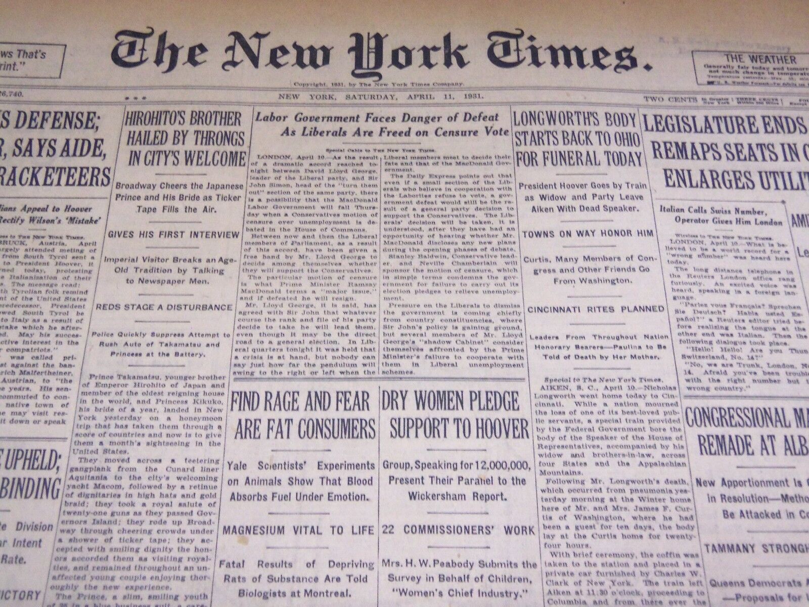 1931 APRIL 11 NEW YORK TIMES - DRY WOMEN PLEDGE SUPPORT TO HOOVER - NT 2222