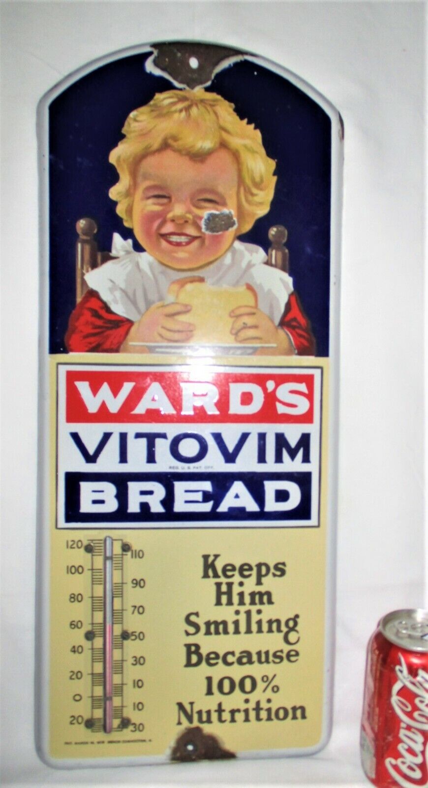ANTIQUE USA 1915 WARDS BREAD PORCELAIN BABY VITAMIN ADVERTISING THERMOMETER SIGN