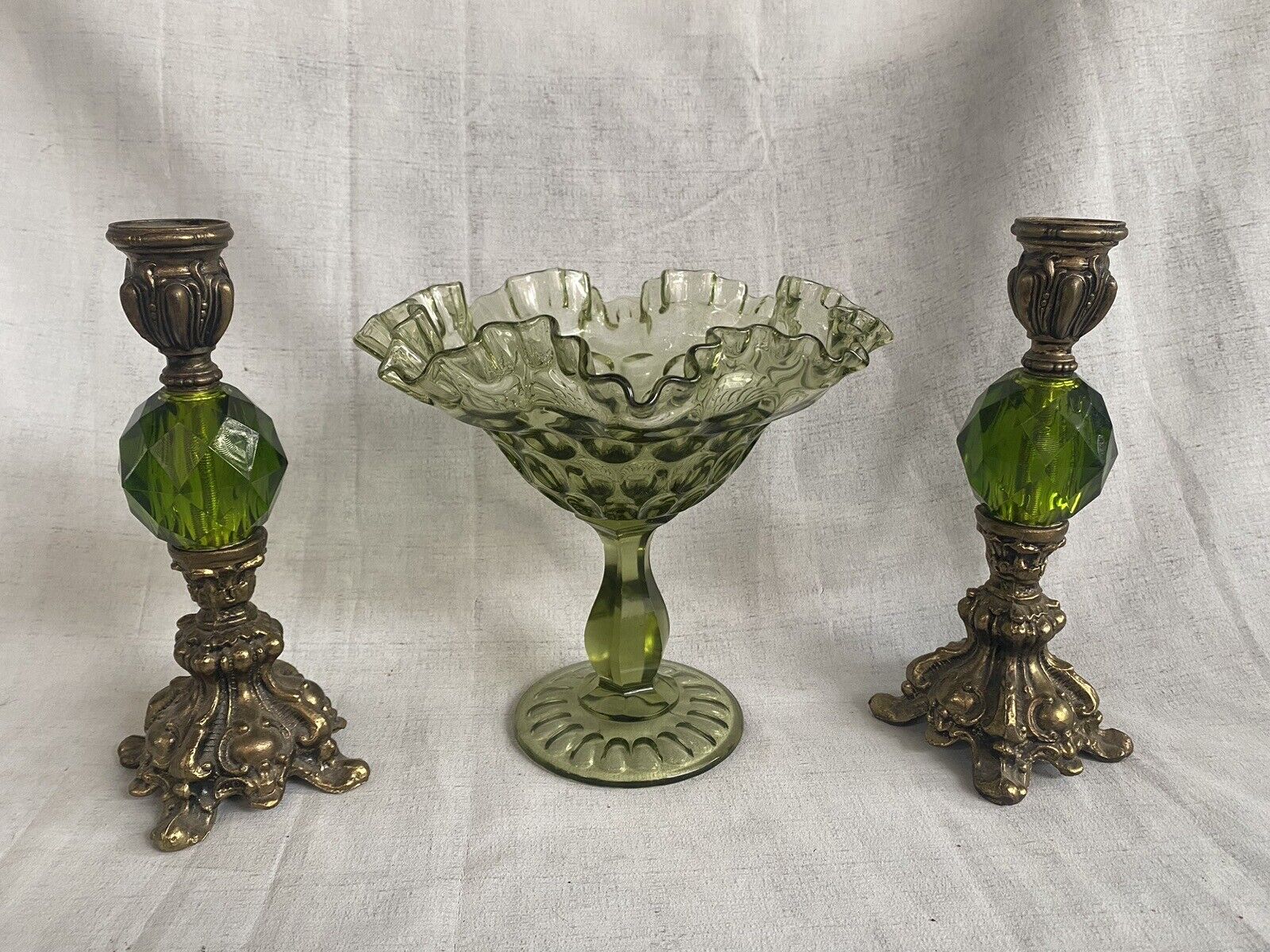 Vtg Fenton Green Glass Ruffled Rim Pedestal Candy & 2Green Prdedl Candle Holders