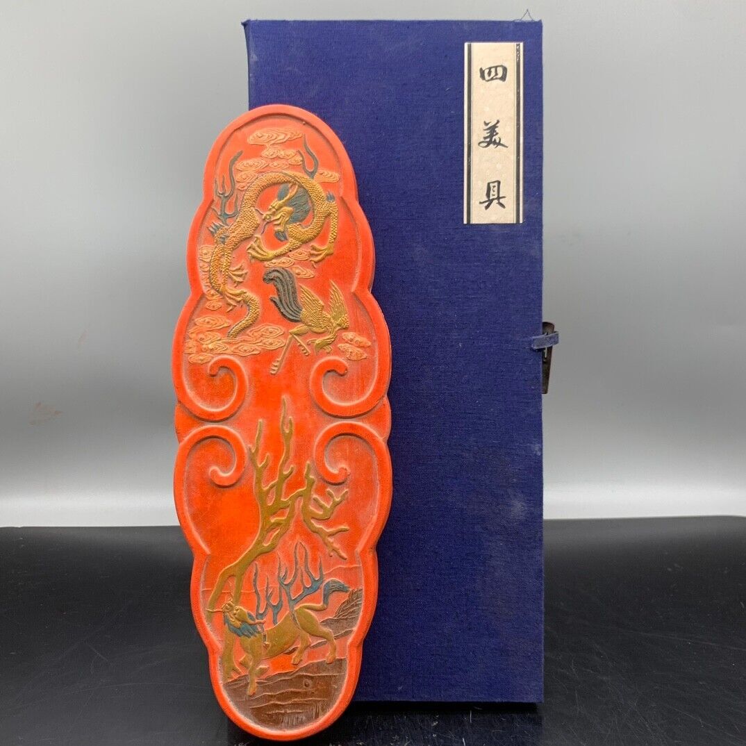 11″China Ancient cinnabar Ink block Gilding dragon kylin Vermilion Ink Stick+box