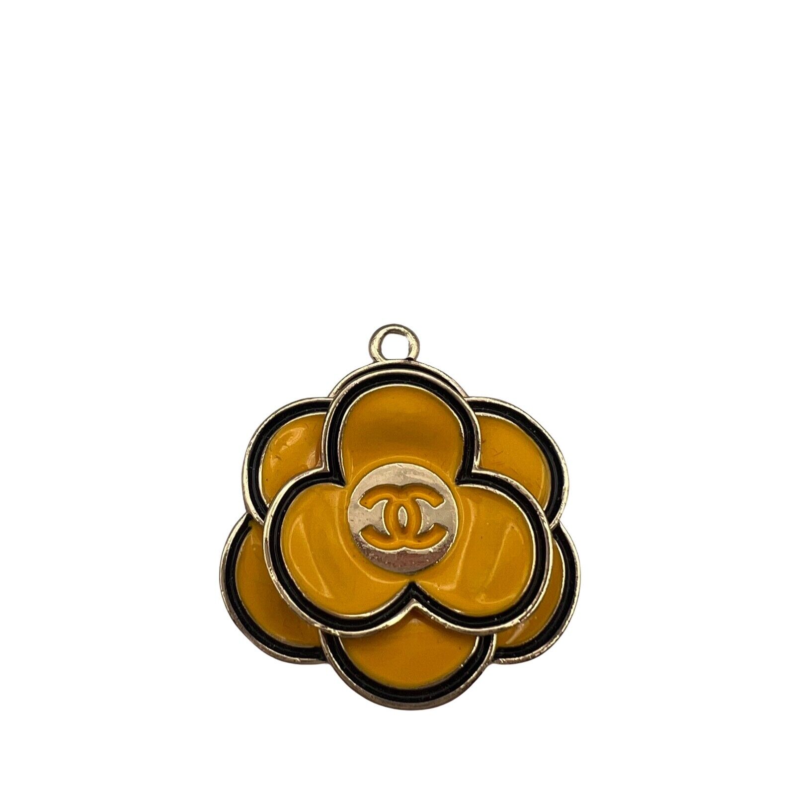 Stamped Chanel Camelia Zipper Pull Button Charm Gold Tone Yellow Flower 30mm