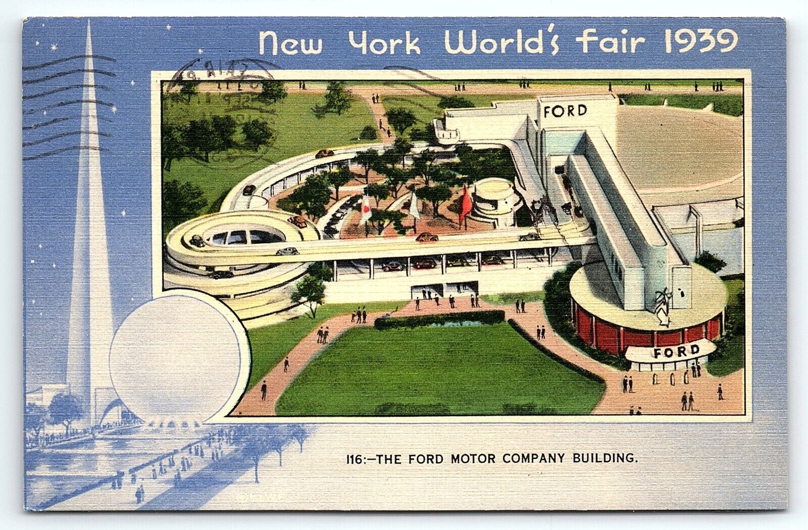 1939 NEW YORK WORLD\'S FAIR THE FORD MOTOR COMPANY BUILDING LINEN POSTCARD P1824