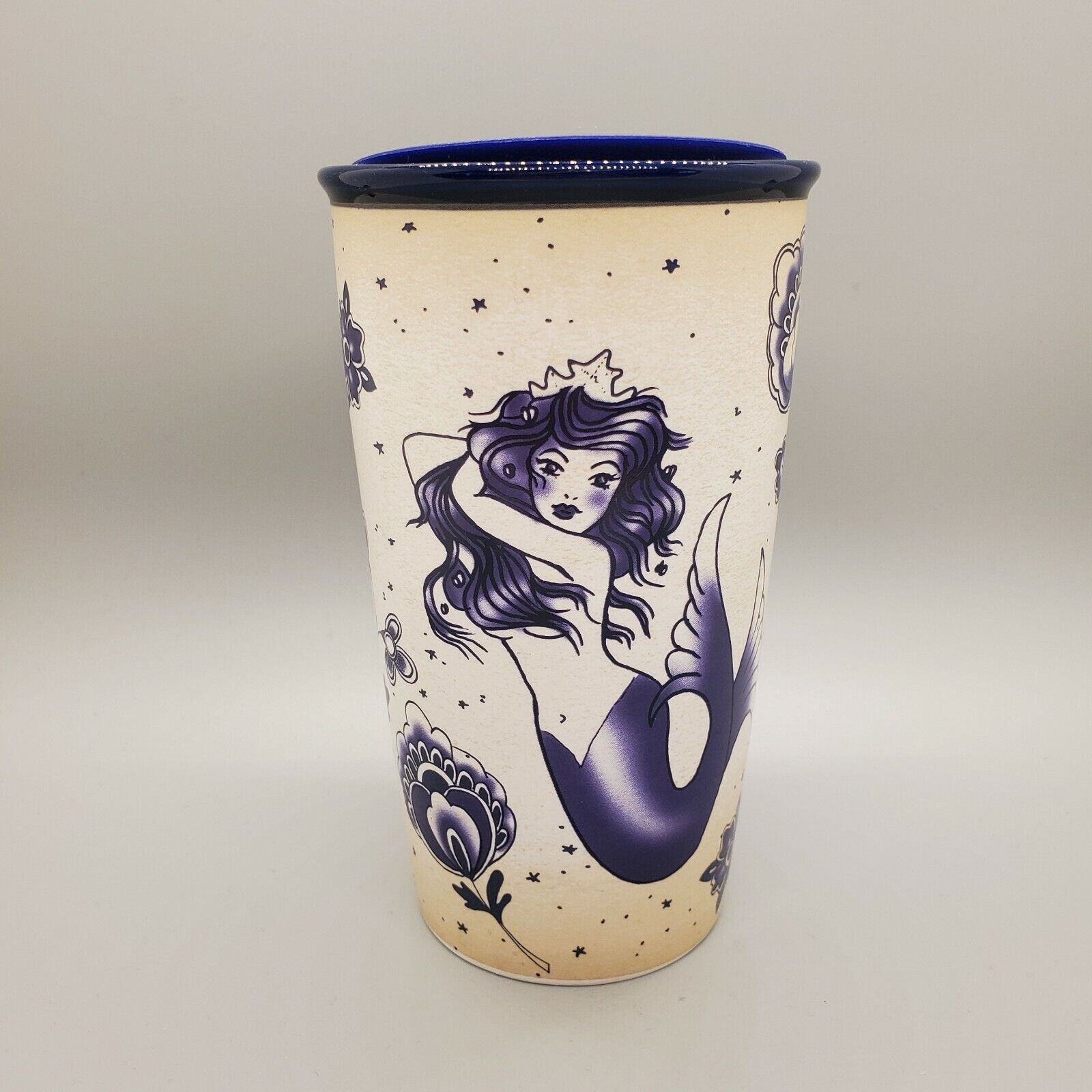 Starbucks 2016 Sailor Mermaid Siren Tattoo Blue Lid Ceramic 12oz Travel Tumbler