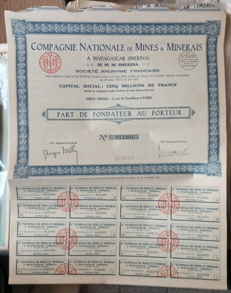 Lot 17 shares 100 francs au porter 1929 Compagnie Nationale Mines et Minerais