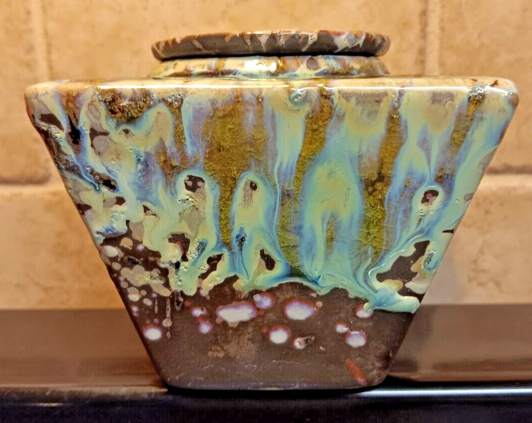 Vase, self watering, high gloss drip glaze, turquoise, green, white, multi color