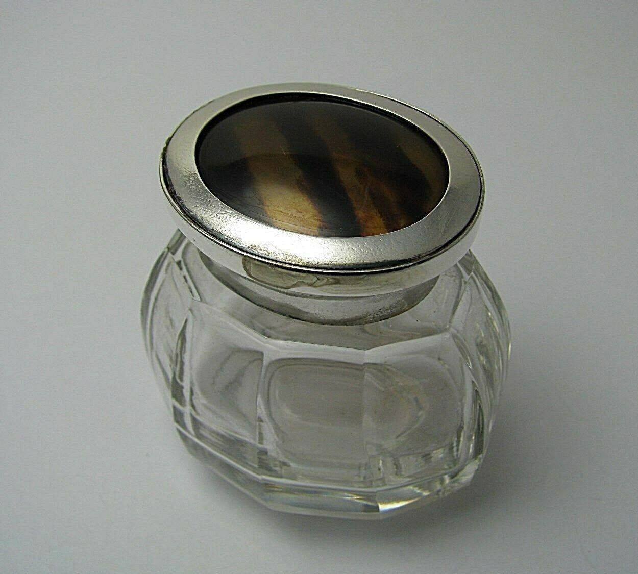 GLASS INKWELL STERLING SILVER LID FAUX TORTOISE by Jacob Rozenzweig England 1918