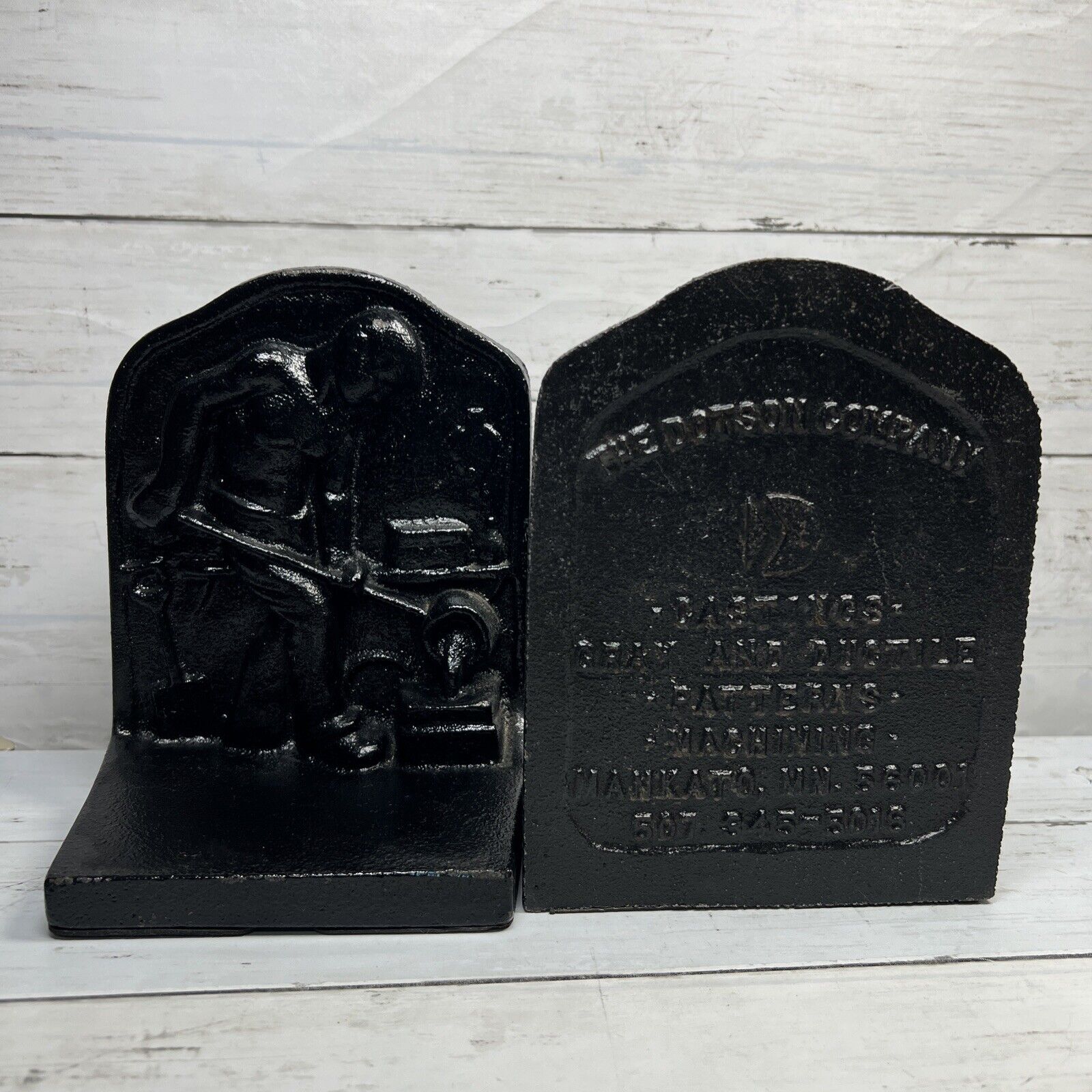 2 Vintage THE DOTSON COMPANY MN 100th Anniversary 1876-1976 Cast Iron Bookends
