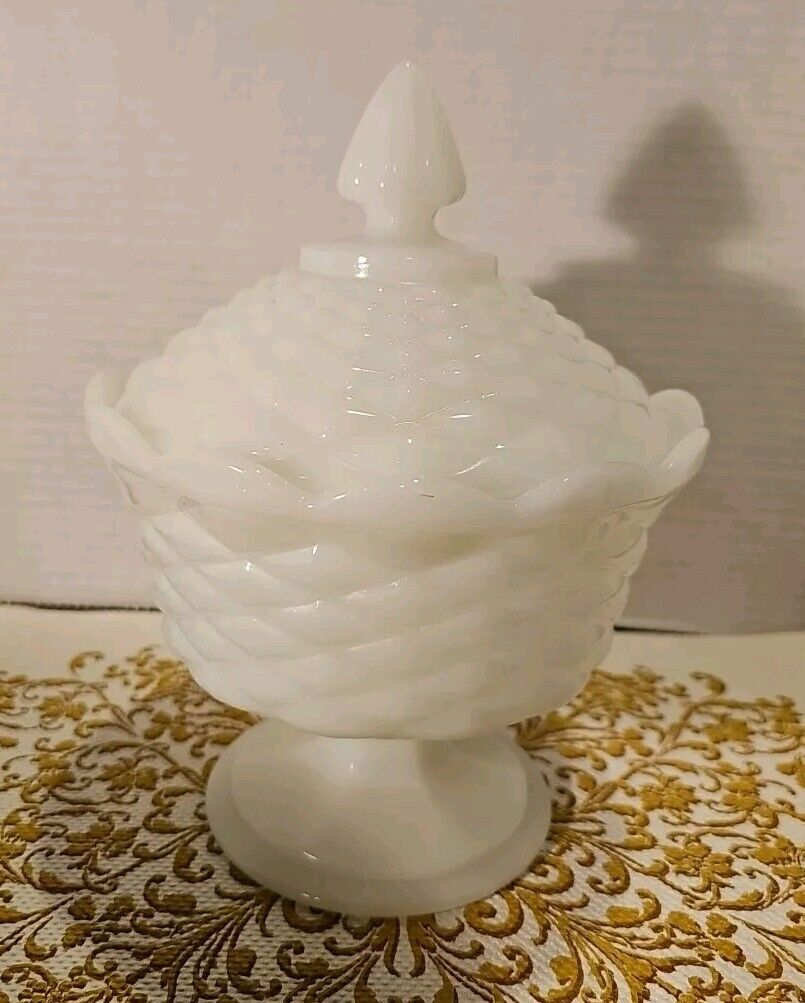 Milk Glass Diamond Quilted Lidded Wedding Pedestal Candy Dish 1960's Opaline VGC