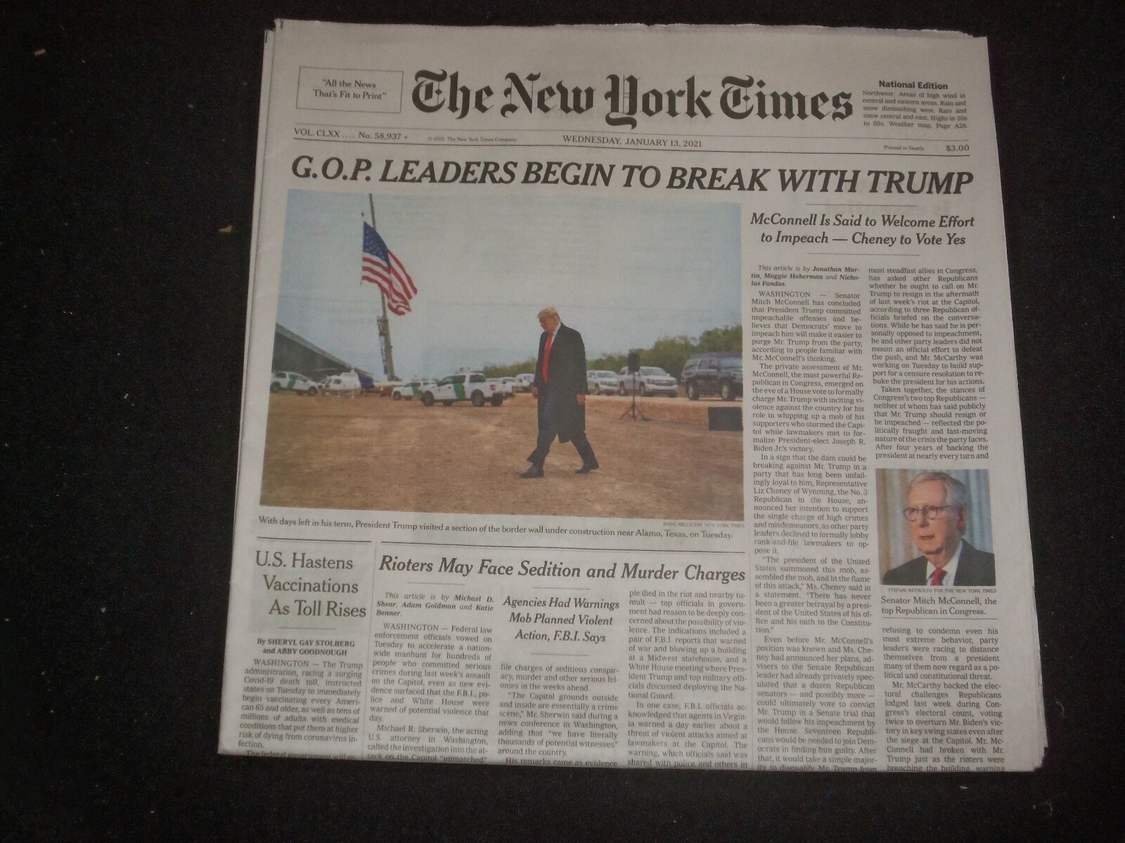 2021 JANUARY 13 NEW YORK TIMES - G.O.P. LEADERS BEGIN TO BREAK WITH TRUMP