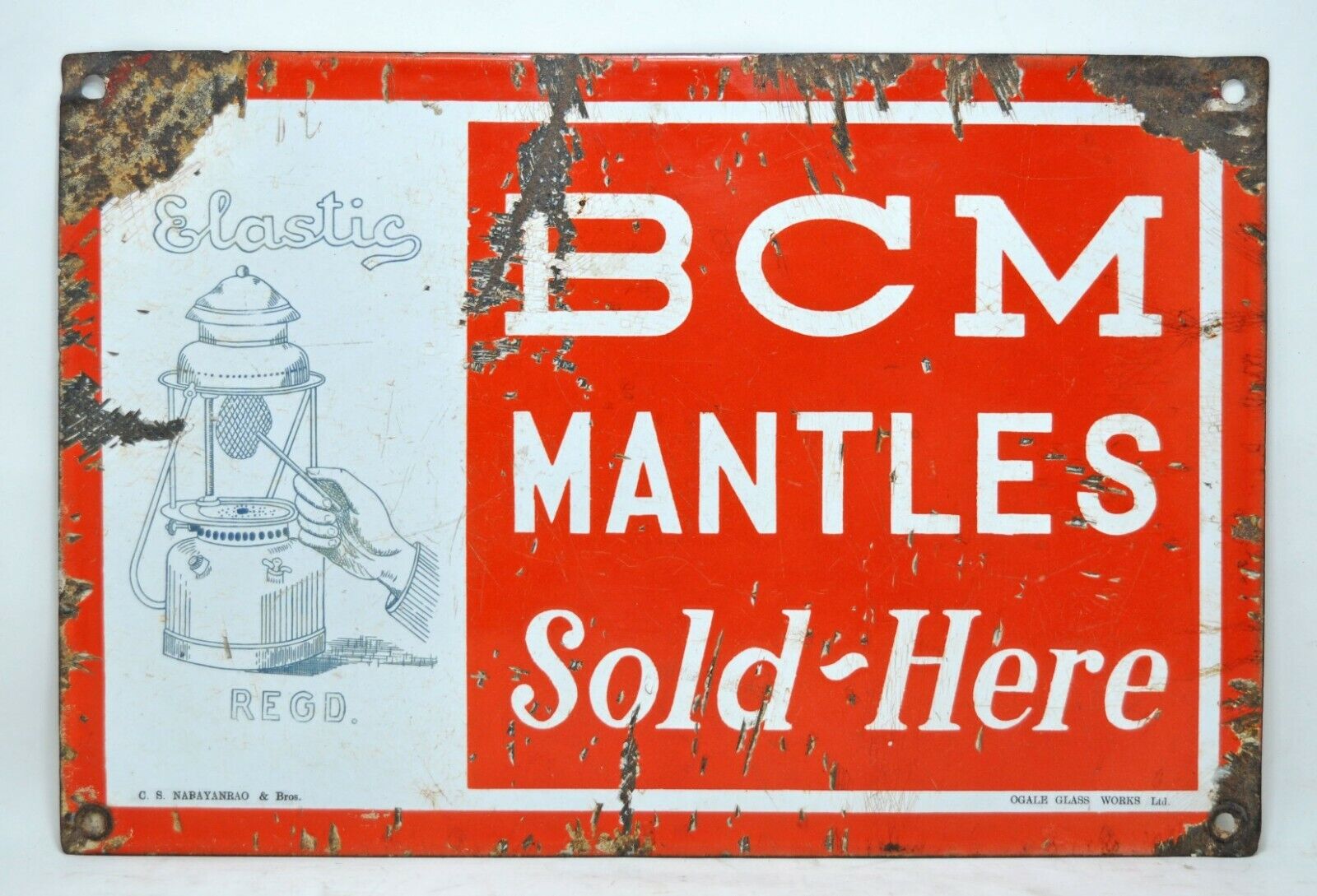 Vintage Enamel Porcelain Ad Sign BCM Lantern Mantles Original Old Nice Color 