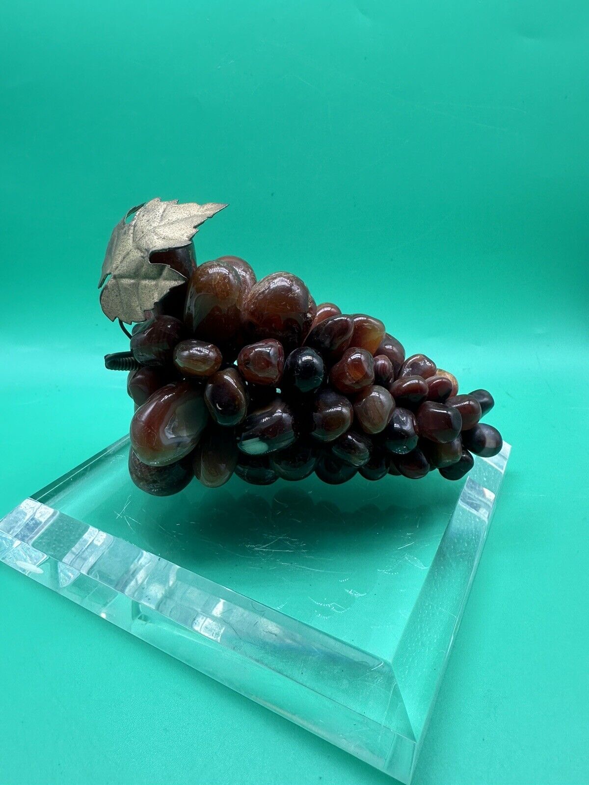 Vtg Mid-Century Carnelian Agate Grape Cluster Genuine Stone Bronze Leaf On Stand
