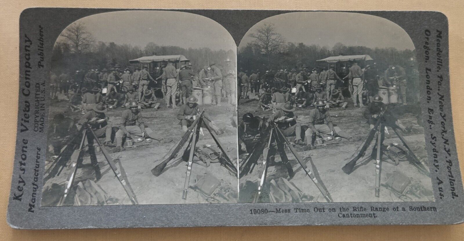 Antique Keystone Soldiers Lining Up For Lunch Mess Stereoview Photo Card KB1 