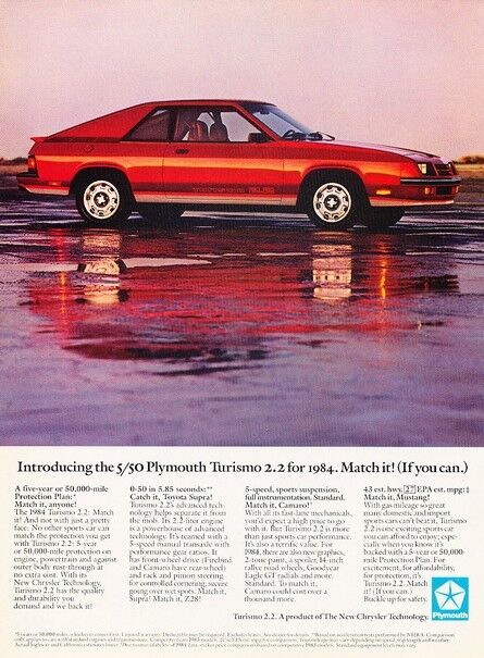 1984 Plymouth Turismo 2.2 Original Advertisement Print Art Car Ad J341