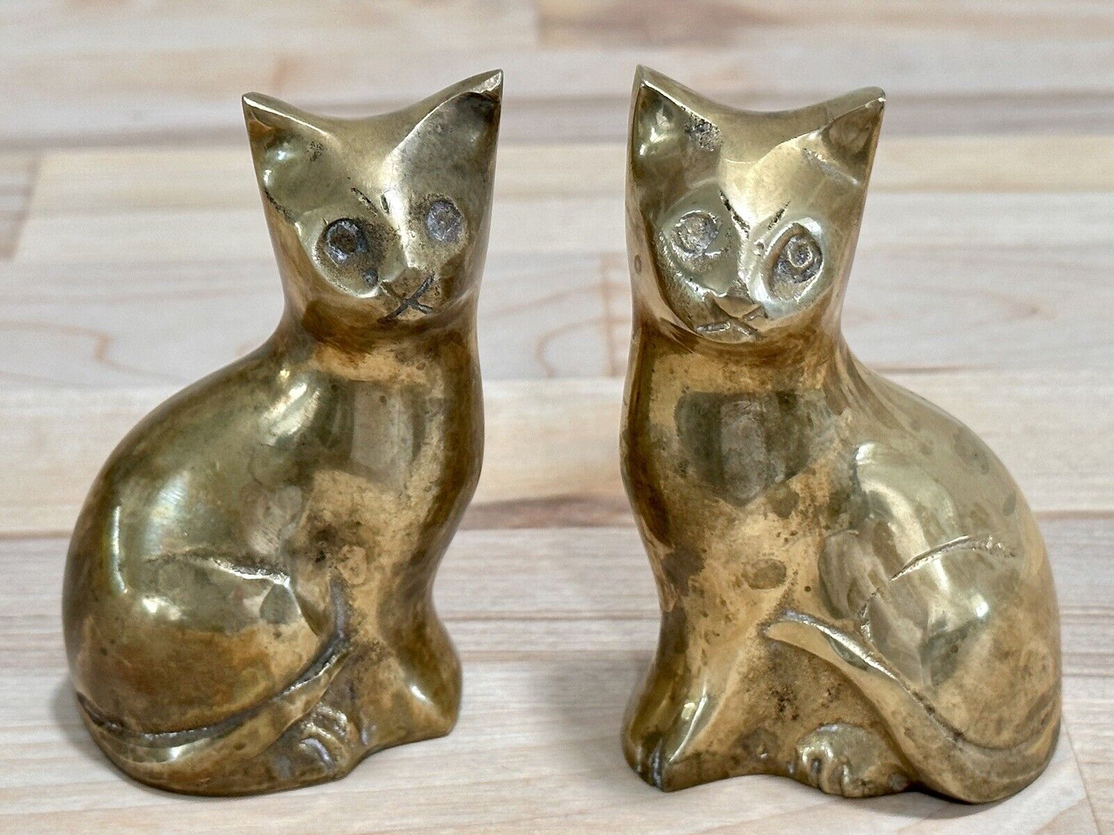 Pair Of Vintage Brass Cats Kitties Felines Collectible Figurines 3 1/2” Tall
