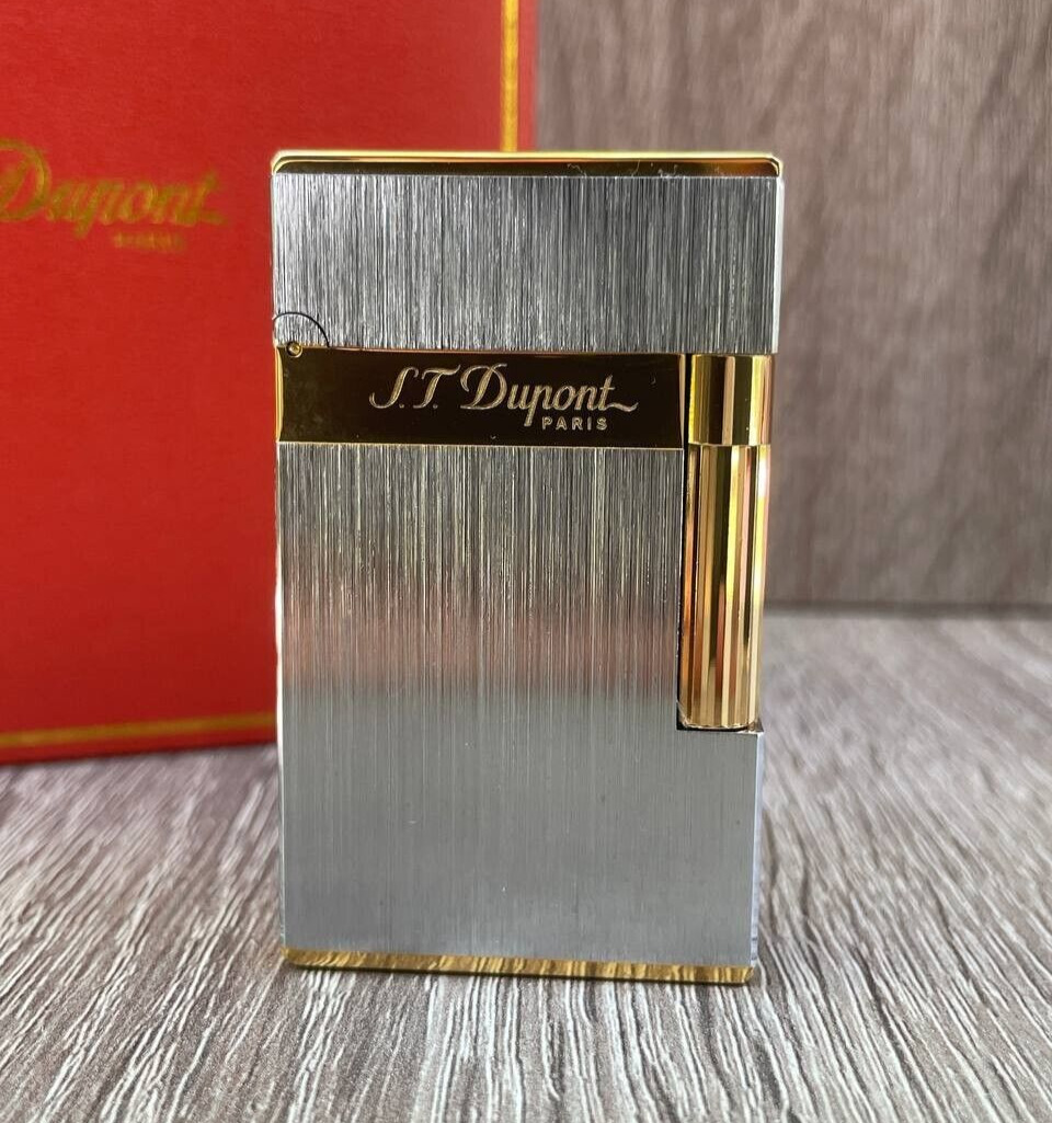 S.T. DUPONT Gas Lighter Two Lights Silver Ligne 2 Gift Box Working France Dupond
