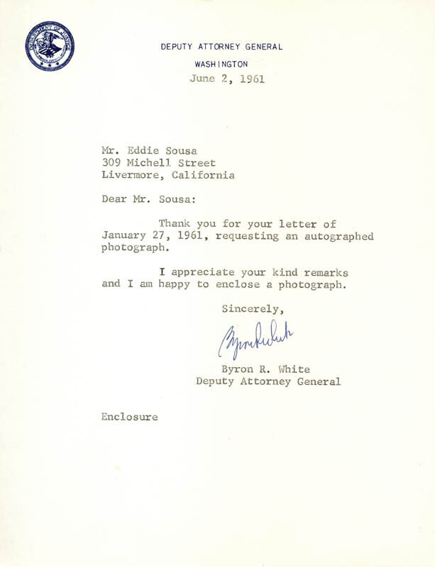 BYRON R. WHITE - TYPED LETTER SIGNED 06/02/1961