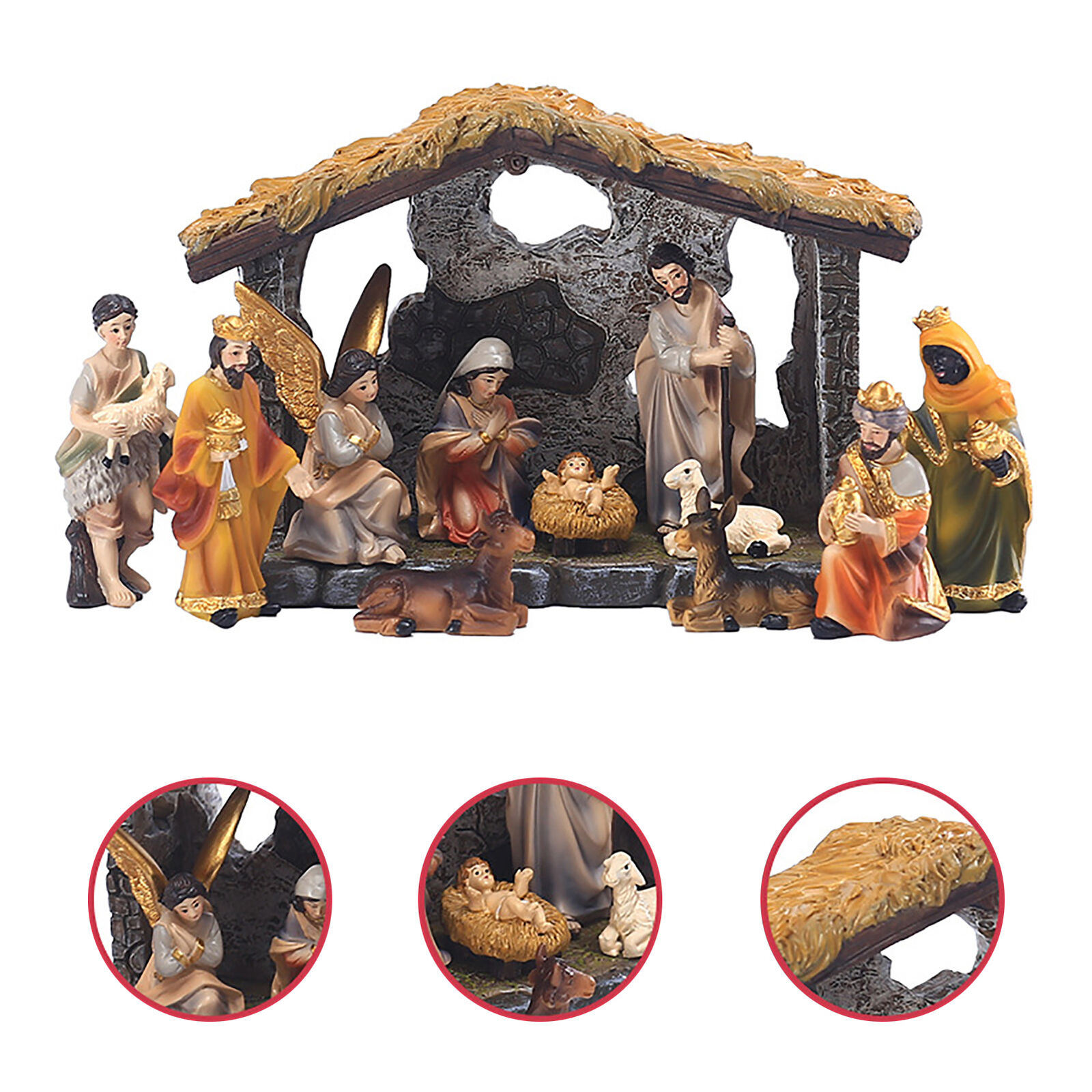 Mini Resin Christmas Nativity Set, 9 Piece Set includes Manger and 8 Figurines