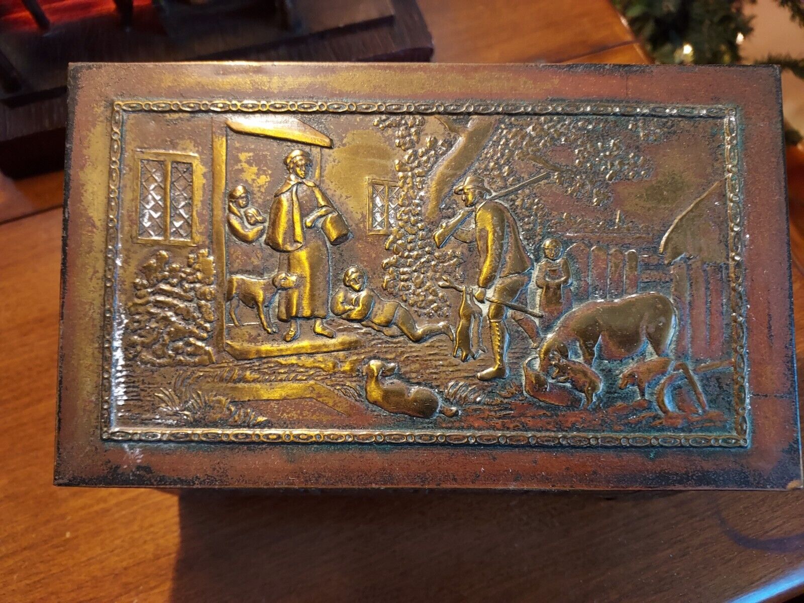 Antique Jacob & Co.'s Biscuit Tin Box With Embossed Farm/ Hunting Scene On Lid 