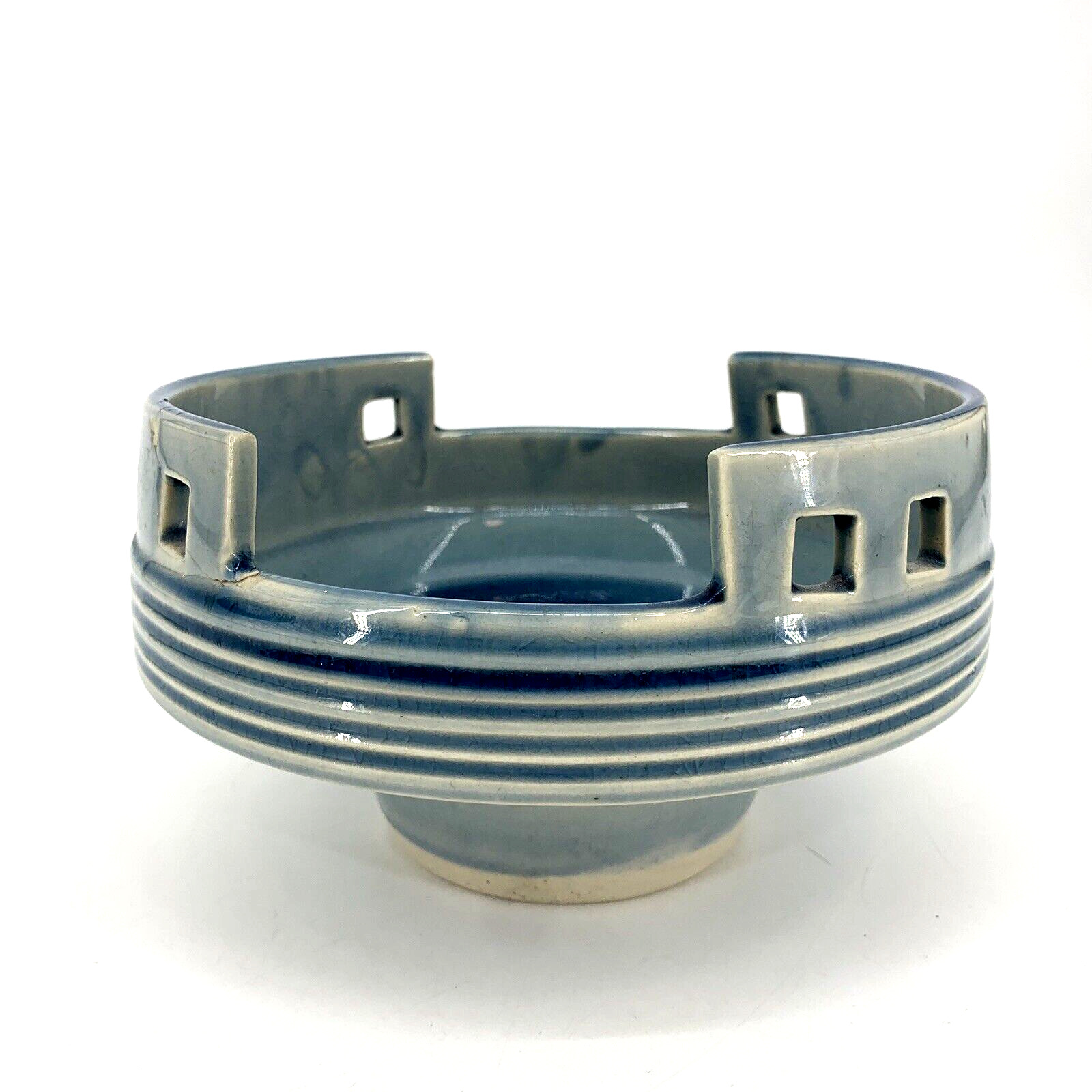 VTG Ikebana Footed Vase Frog Aqua Azure Pottery Ceramic Crazing Mid Mod READ