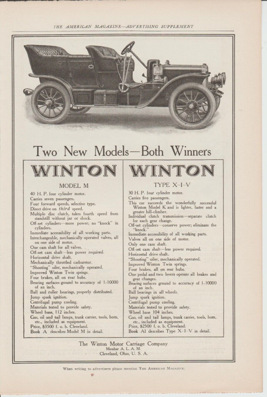 WINTON MOTOR COACH CO. 1907 ANTIQUE PRINT AD MODEL-M & TYPE X-I-V.. 6 1/2