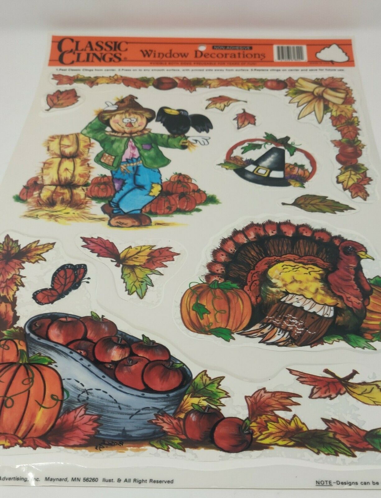 NOS Vintage 1990s Color Clings Thanksgiving Window Decor Pumpkin Turkey Apple 