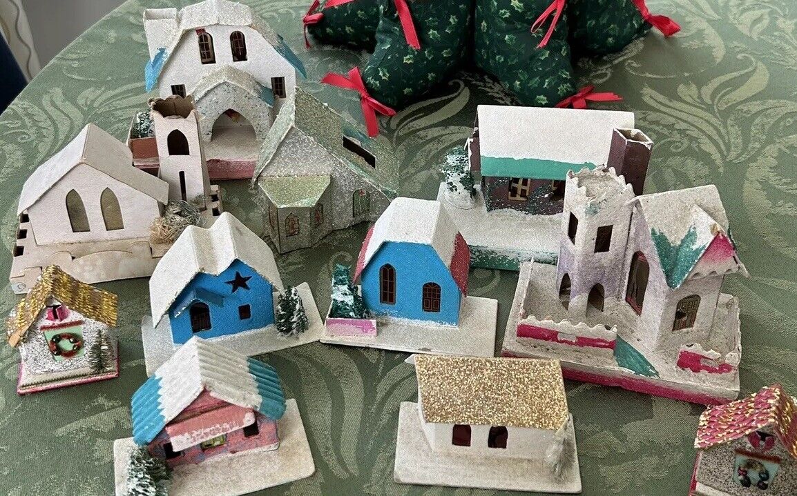 Vintage Lot Of 11 Putz Mica Christmas House Models Cardboard Made In Japan