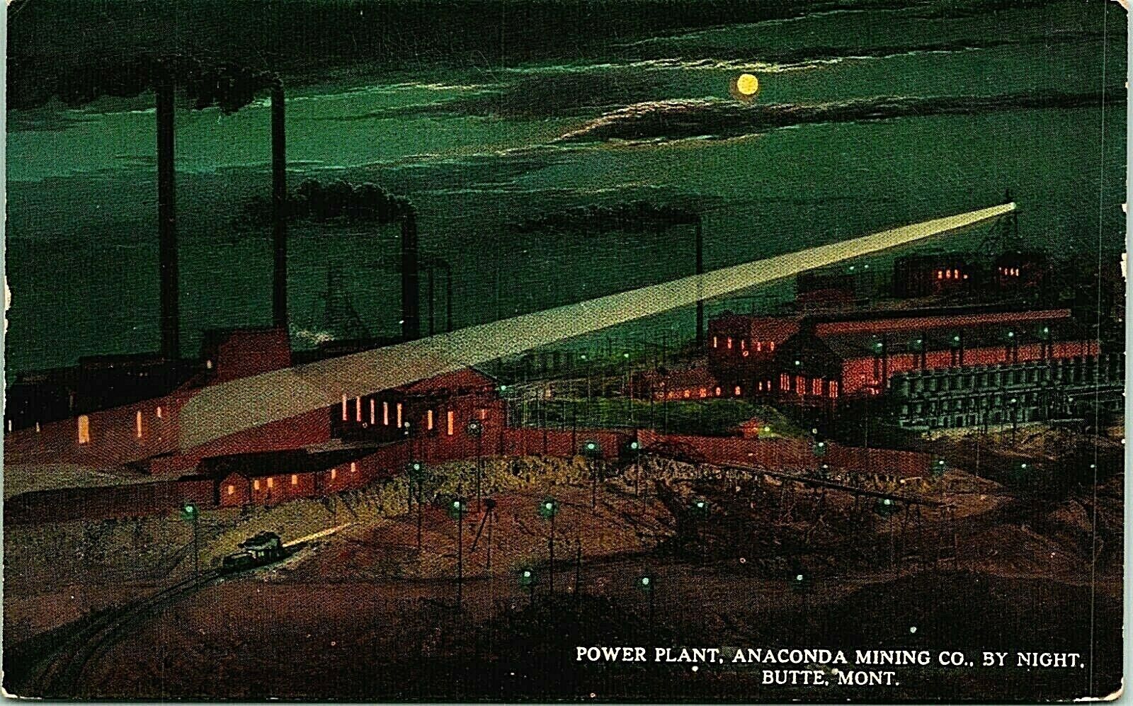 Anaconda Mine by Night Power Plant Spotlight Butte Montana MT DB Postcard S20