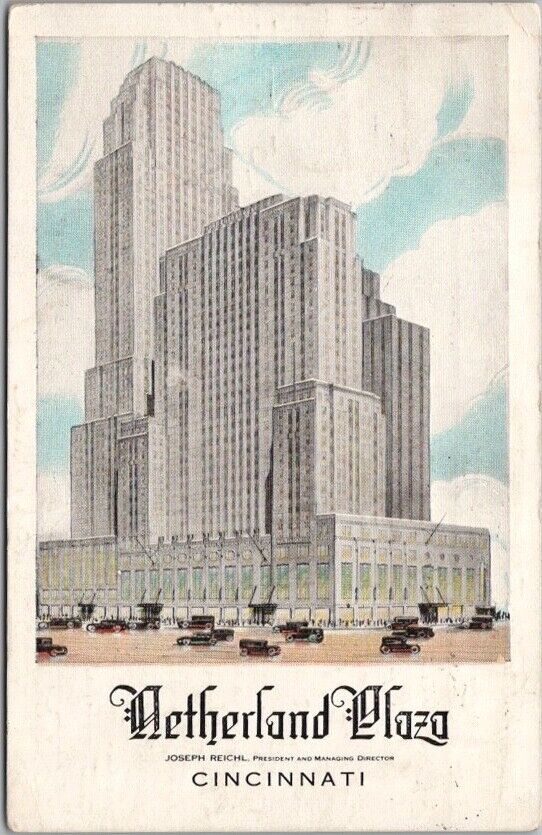 1933 CINCINNATI Ohio Postcard NETHERLAND PLAZA HOTEL Artist's Street Scene