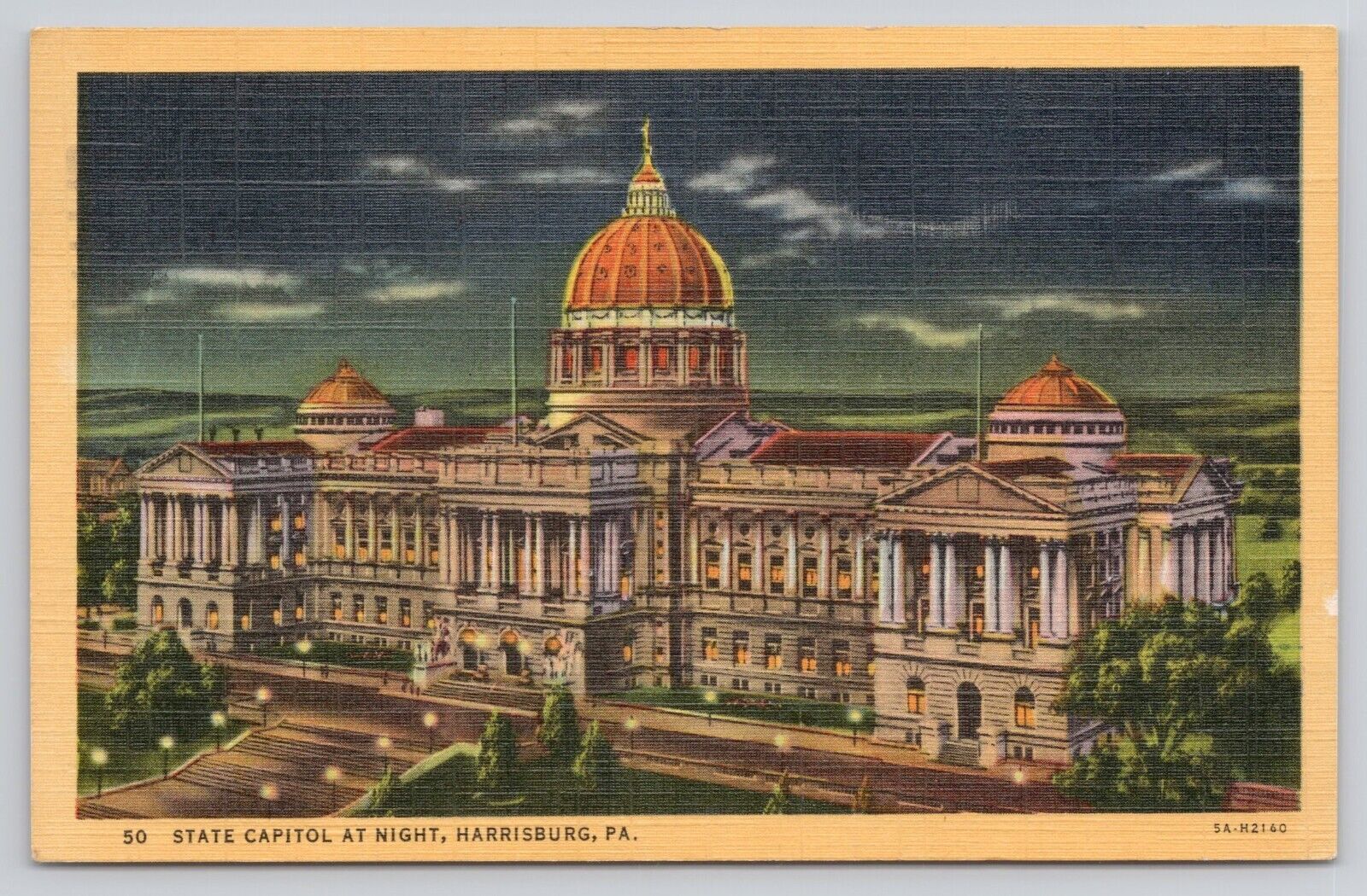 State Capital at Night Harrisburg PA Pennsylvania 1952 Linen Postcard