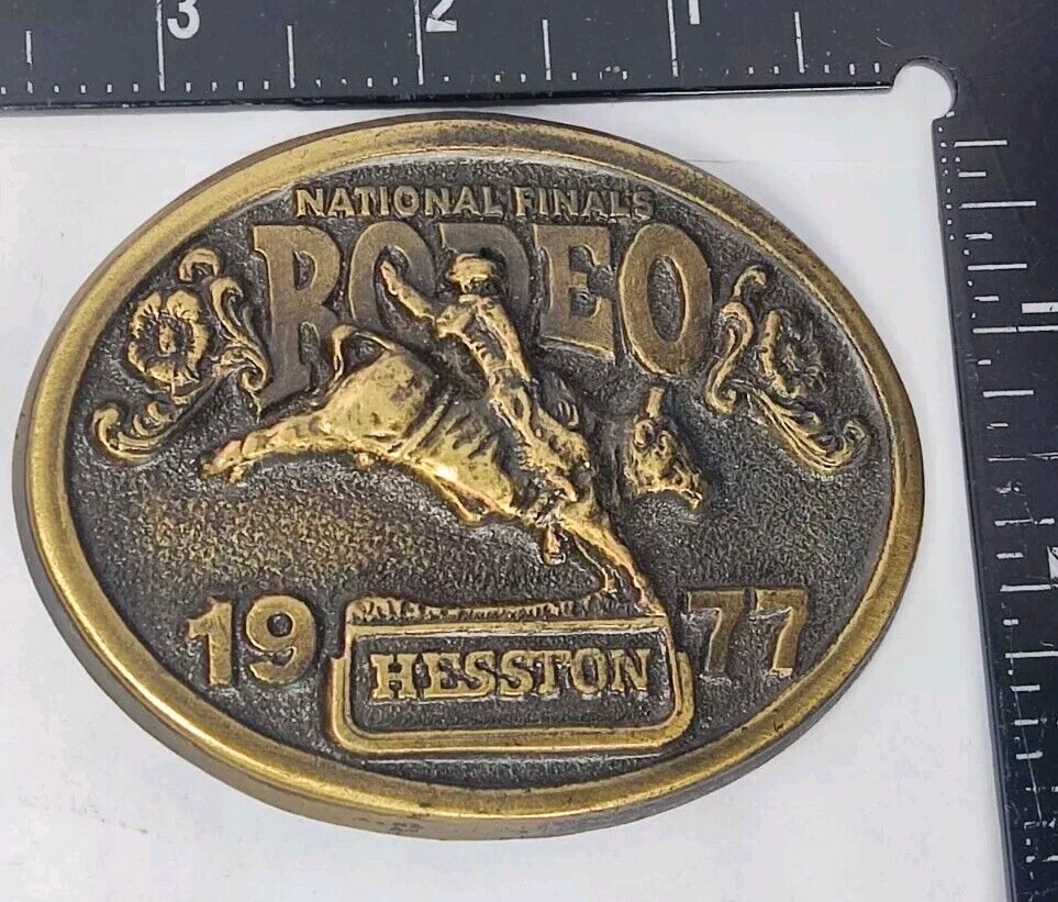 1977 National Finals Rodeo Belt Buckle Bull Riding NFR Hesston Western Vintage