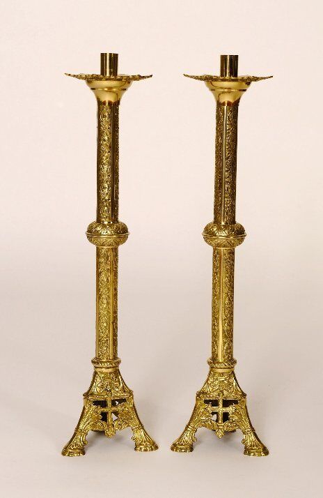 Traditional Pair of Altar Candlesticks + Polished Brass & lacquered +Chalice co.